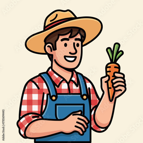 A friendly farmer holding a freshly picked carrot, symbolizing healthy eating and sustainable agriculture, ideal for organic food marketing and farm-to-table themes