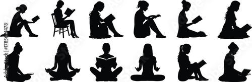 Reading and meditation silhouette, seated pose vector, introspective lifestyle icon, cad drawing flat vector illustration, black calm mindful figure design