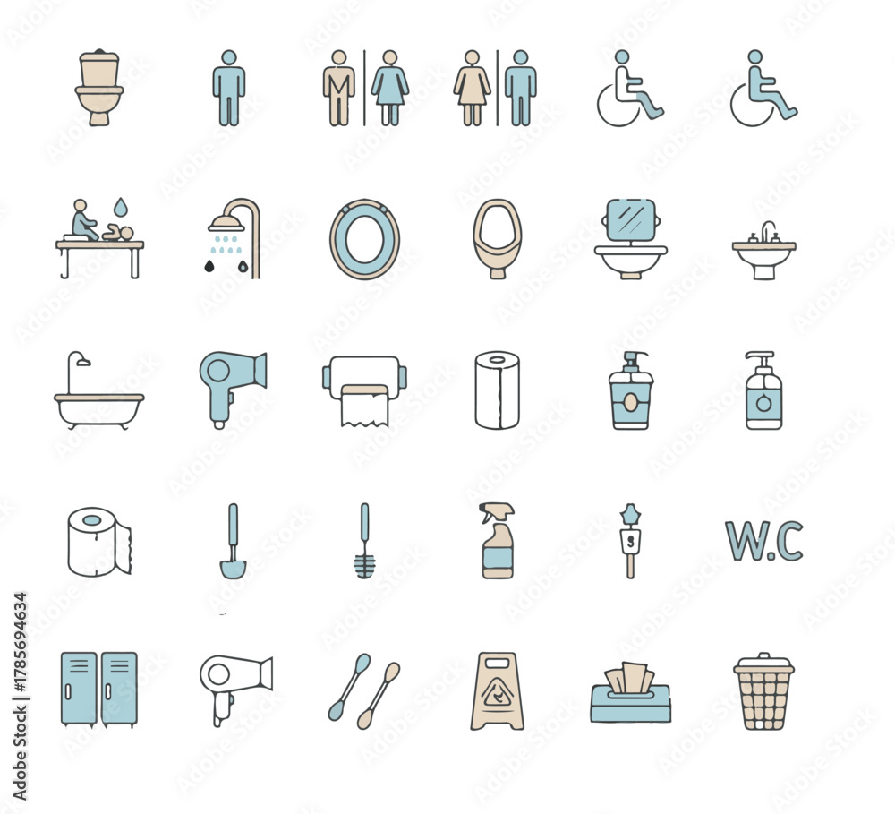 Fototapeta premium Bathroom Essentials Minimalist Vector Icons for Restroom Amenities and Facilities Guide