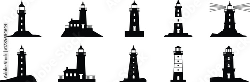 Lighthouse silhouette, coastal beacon icon, marine tower, sea structure, black outline, navigation aid, cad drawing, flat vector illustration, ocean guide, nautical graphic