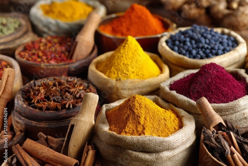 A vibrant and diverse collection of aromatic spices, herbs, and seasonings artfully arranged in rustic bowls and burlap sacks, creating a warm and inviting culinary scene.