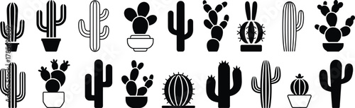 Cactus silhouette, potted plant icon, desert flora, botanical graphic, black outline, nature decor, succulent shape, cad drawing, flat vector illustration, indoor garden