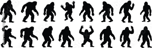 Bigfoot silhouette, Sasquatch icon, cryptid figure, walking pose, monster graphic, black outline, cad drawing, flat vector illustration, wild creature, forest legend
