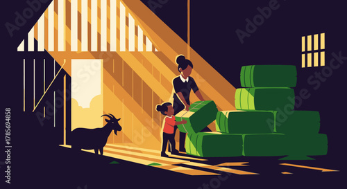 A mother and child work together to stack hay bales in a sunlit barn, illustrating rural farm life and agricultural duties with a goat nearby.