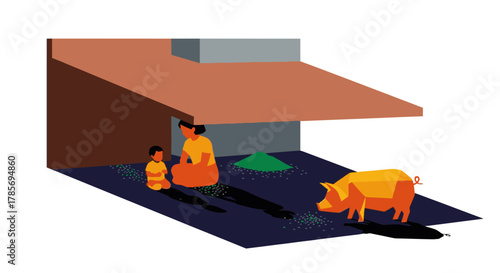A minimalist vector illustration portrays a mother and child seated under a simple shelter, observing a pig in a humble rural setting, symbolizing daily life.