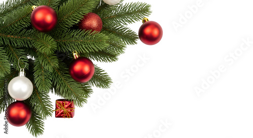 Close up of a decorated christmas tree branch with red and white ornaments and small gift boxes isolated on transparent background