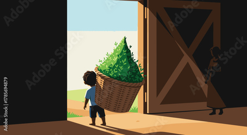 A diligent young boy carries a large wicker basket overflowing with vibrant green foliage towards an open barn door, depicting rural childhood and growth.