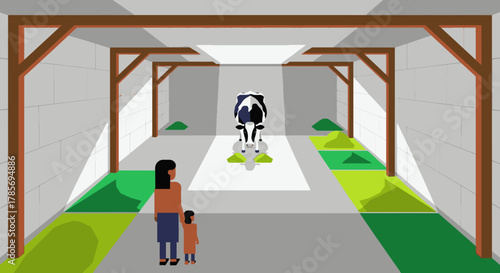 A mother and child observe a stylized cow on an automated platform within a modern, clean agricultural facility, symbolizing innovation in agriculture.