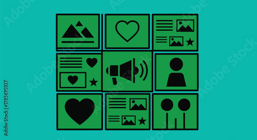 Social media marketing content strategy and engagement icons set