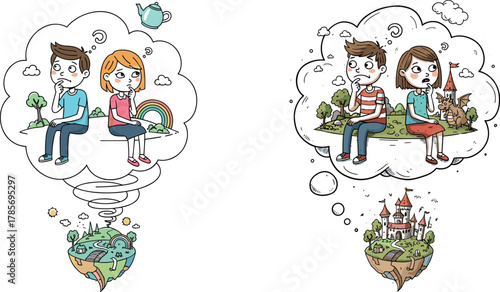 Cartoon kids imagining future and fantasy worlds, thought bubble illustration, technology vs fairy tale concept, creative dreams scene, vector imagination design