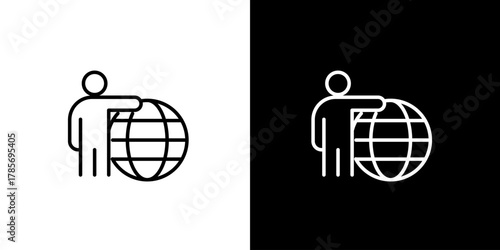 Man holding a globe icon. Isolated on white and black background. representing global reach and connectivity