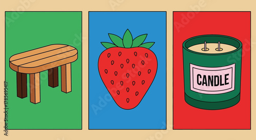 Illustration of wooden bench strawberry and candle on backgrounds