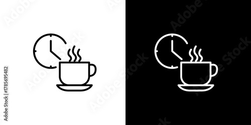 Minimalist line art icon representing a timely coffee break, featuring a steaming cup and a clock symbol, ideal for schedules, relaxation, and business pauses