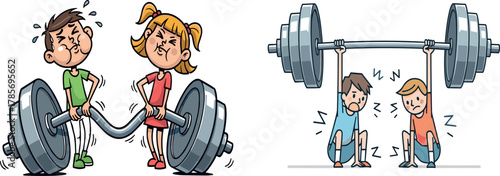 Cartoon kids lifting heavy barbell, teamwork and strength challenge illustration, humorous fitness concept, vector cooperation scene, expressive weightlifting design
