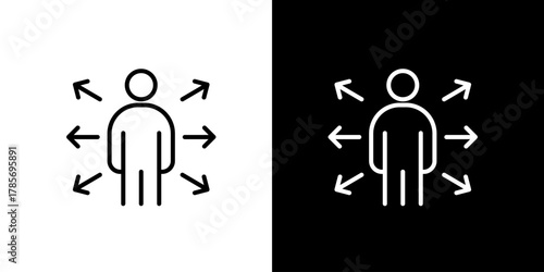 Vector line icon of a person with arrows pointing in multiple directions, symbolizing opportunities, skills, and influence