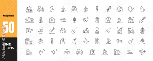 set of 50 outline web agriculture icons such as duck, wheat, farm, hay bale, shears, sprinkler, tree vector thin icons for report, presentation, diagram, web design.