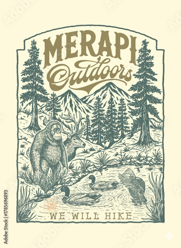 Desain Grafis Merapi Outdoors: Pendakian dan Satwa Liar Gaya Woodcut