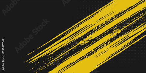 Dark Black and yellow abstract background with brushstroke and halftone art
