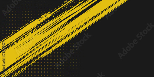 Dark Black and yellow abstract background with brushstroke and halftone art