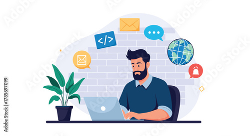 Bearded man working on laptop at a desk, surrounded by icons representing online communication, coding, and global connectivity.