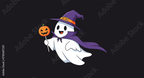 Cute cartoon ghost character wearing a witch hat and a purple cape, happily holding a festive pumpkin lollipop for Halloween.