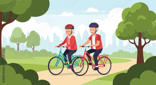 An active senior couple wearing helmets enjoys a refreshing bicycle ride together on a winding park path, with a cityscape backdrop.