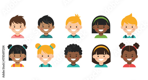 A diverse group of smiling cartoon children's faces, representing various ethnicities and genders, isolated on a white background.