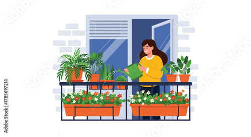 A happy woman on her apartment balcony waters a variety of vibrant potted plants and blooming flower boxes, creating a serene urban garden.