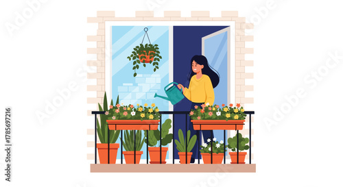A woman cheerfully waters her blooming plants and diverse potted greens on a cozy apartment balcony, enjoying her urban gardening hobby.