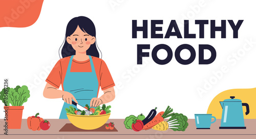 A smiling woman in an apron prepares a fresh, colorful salad with various healthy vegetables in a bright kitchen setting.