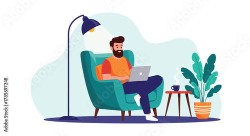 Bearded man comfortably working on a laptop in an armchair with a steaming mug and a potted plant.