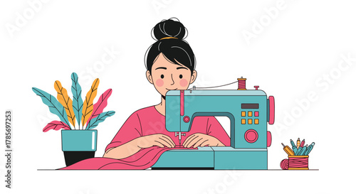A smiling young woman is focused on sewing pink fabric on a turquoise sewing machine, with a potted plant and craft tools on the table.