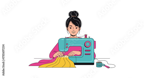 A young woman with a bun hairstyle is focused on sewing a yellow and pink fabric on a teal-colored sewing machine.