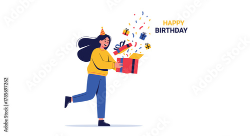 A joyous young woman celebrates her birthday, happily opening a gift box from which colorful presents and confetti burst out in a festive surprise.