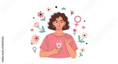 A happy woman embraces sustainable period care, holding a glowing menstrual cup amidst a vibrant floral and female symbol backdrop.