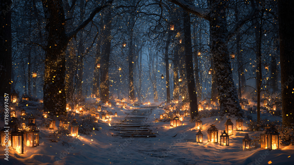 Fototapeta premium Christmas forest clearing with glowing lanterns 
