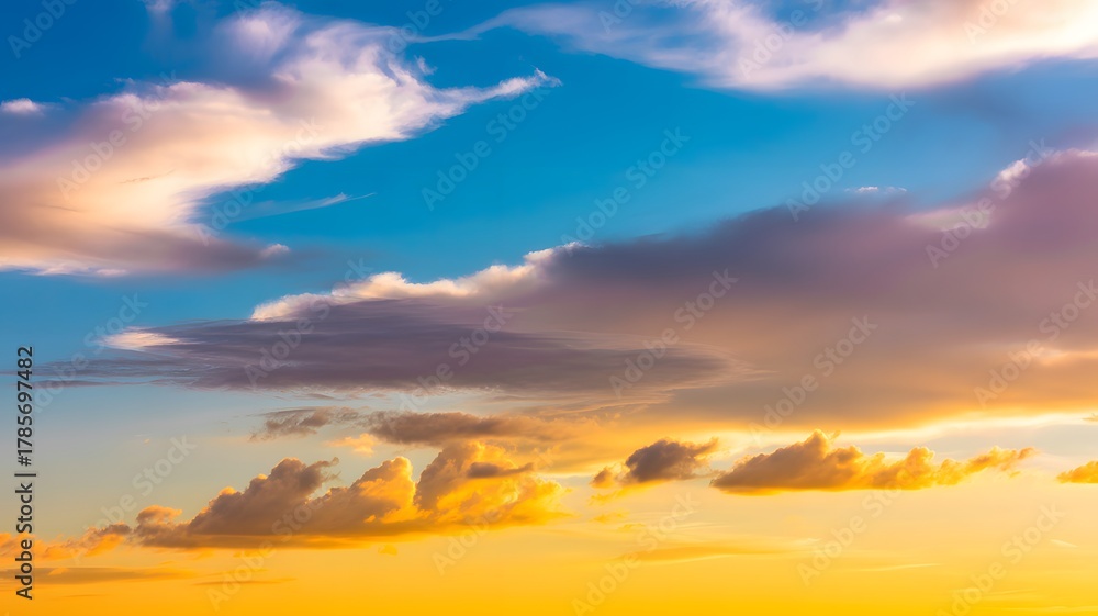 Fototapeta premium Vibrant sunset sky with golden clouds creates a peaceful and uplifting feeling in nature's beauty