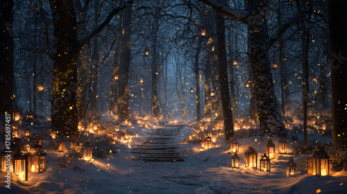 Christmas forest clearing with glowing lanterns 