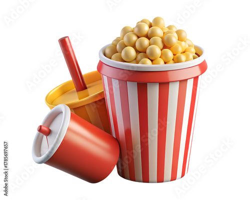Tasty Popcorn Bucket with Yellow Popcorn and Colorful Drink for Movie Time