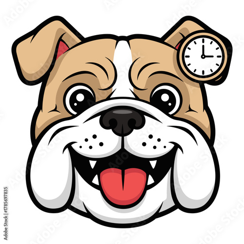 Cute Bulldog Cartoon Head with Time Symbol