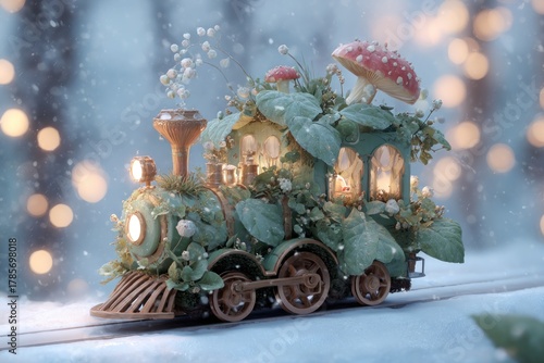 A whimsical miniature train adorned with lush foliage and whimsical mushrooms travels through a snowy landscape.