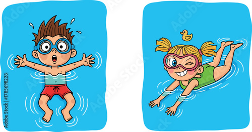 Cartoon kids swimming in pool, summer fun illustration, boy floating, girl underwater, goggles and swimsuit, playful water scene, vector children activity