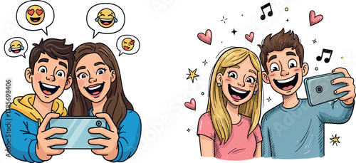 Cartoon kids taking selfies with emojis and decorations, digital communication illustration, expressive social media moment, vector selfie scene, modern interaction design