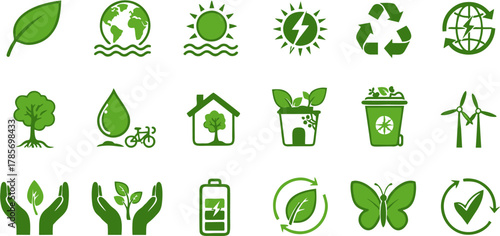 Collection of green ecology icons representing sustainability, renewable energy, and environmental conservation concepts. Vector illustration set 19