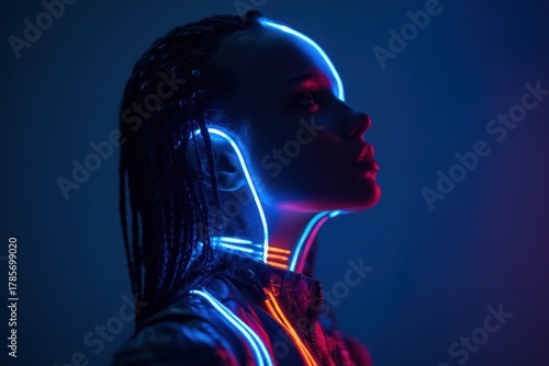 A woman's profile is illuminated by vibrant blue and orange neon lights, evoking a futuristic aesthetic.