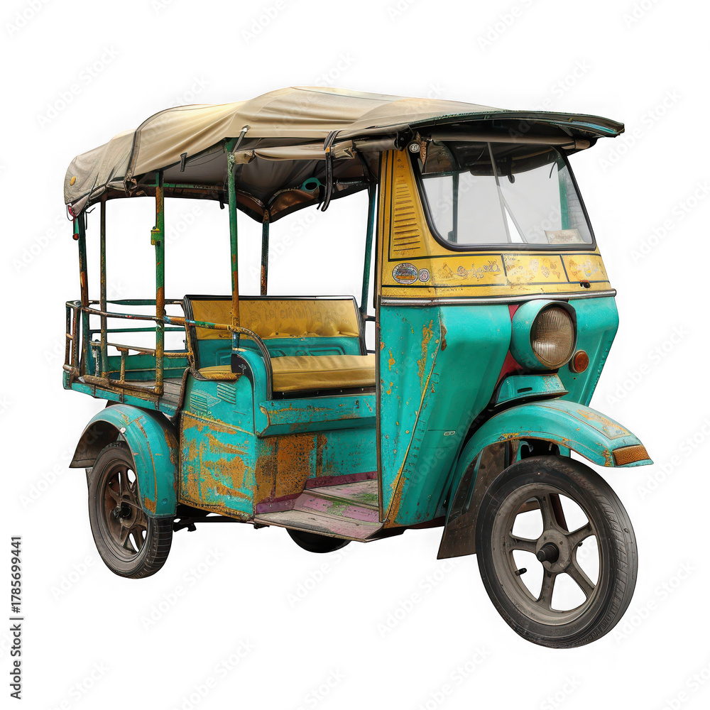 Fototapeta premium A vintage turquoise and yellow auto rickshaw with a canvas roof, isolated on transparent background