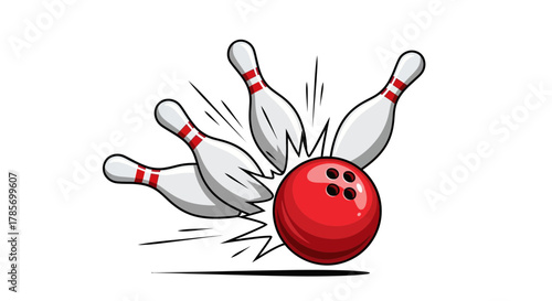 Red Bowling Ball Striking Pins Illustration