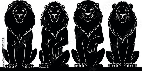 Cartoon lions in symmetrical pose, stylized animal vector illustration for decor, logo, editorial, tattoo, kids design, and visual puzzle useg