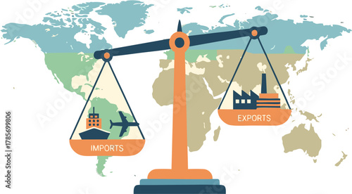 Global trade balance concept illustrated with a scale weighing imports and exports, set against a world map symbolizing the international economy
