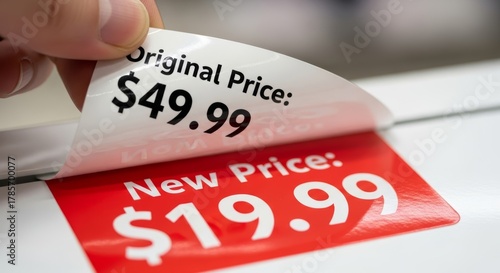 Exciting sale announcement revealing a new lower price, a great deal and savings for customers, a smart shopping choice and retail opportunity